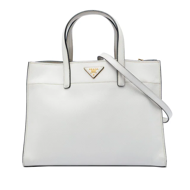 White Prada Saffiano Soft Triple Pocket Tote Satchel in White Saffiano leather from Designer Revival
