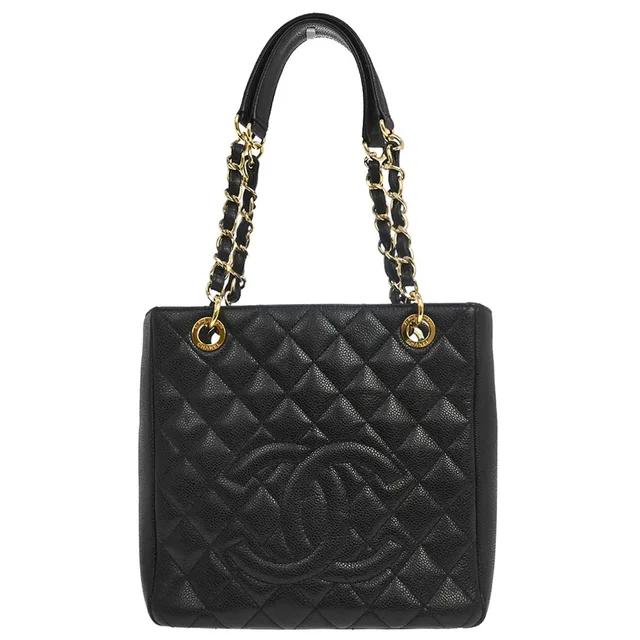 Chanel 2010-2011 Black Caviar Skin Petite Shopping Tote PST Chain Handbag in Black Caviar leather from AMORE Vintage Tokyo