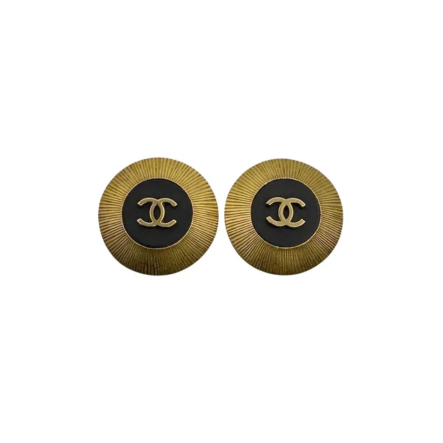 Chanel Vintage Earrings Cocomark Round Black Gold Accessory 95P in Black from Luxury Promise