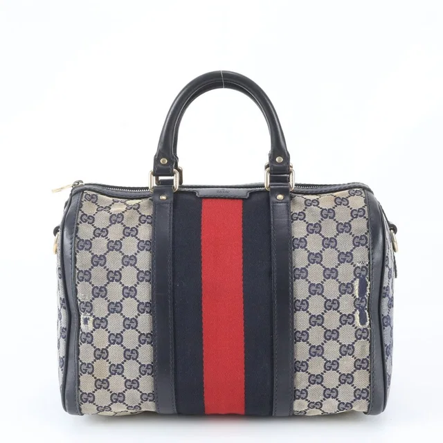 Gucci GG Canvas Leather Handbag Mini Boston Tote Navy in Navy Canvas from The Reluxe