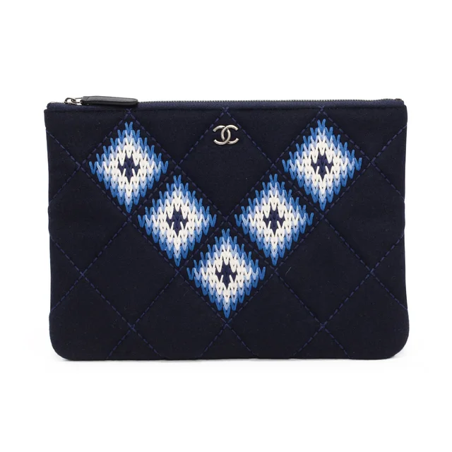 Chanel Embroidered Felt Medium O-Case in Navy Leather from Blue Spinach