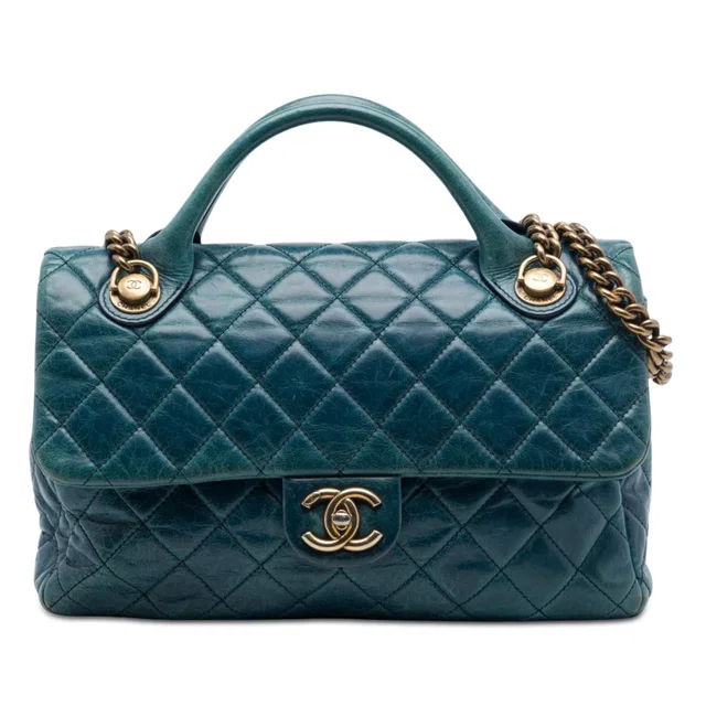 Blue Chanel Medium Glazed Calfskin Castle Rock Top Handle Flap Satchel in Blue Calfskin from Designer Revival