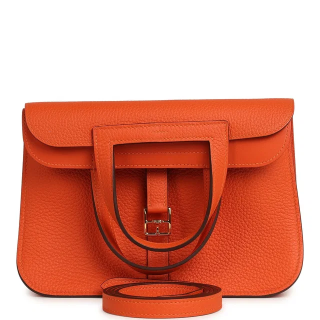 Hermès Halzan 25 Feu Clemence Gold Hardware in Orange Clemence leather from Madison Avenue Couture