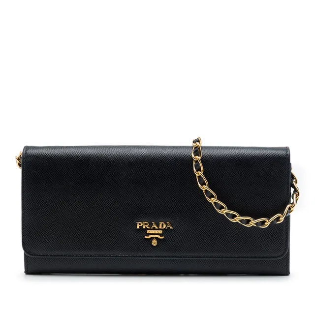 Black Prada Saffiano Lux Wallet On Chain Crossbody Bag in Black Saffiano leather from Designer Revival