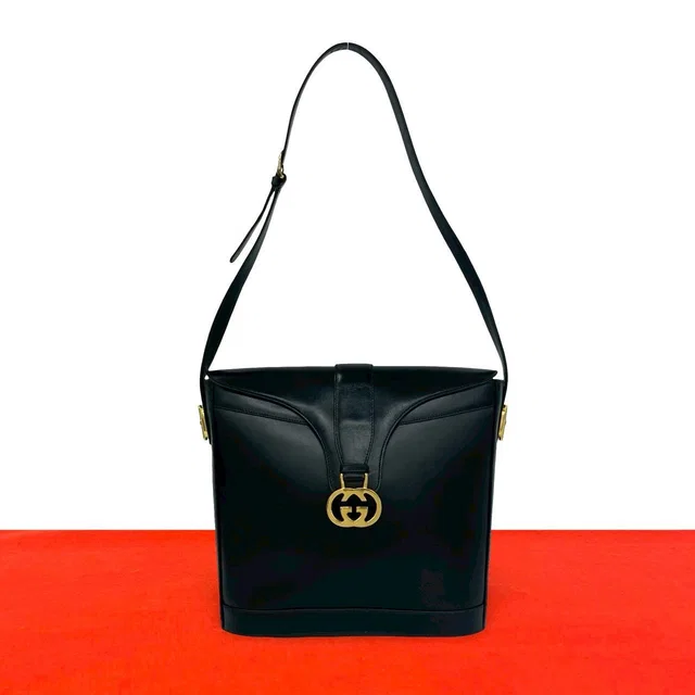 Gucci Vintage Sherry Line GG Logo Leather Shoulder Bag Black in Black Leather from The Reluxe