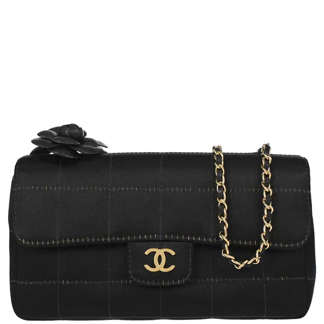 Chanel 2003-2004 Black Satin Camellia Choco Bar Shoulder Bag in Black Satin from AMORE Vintage Tokyo