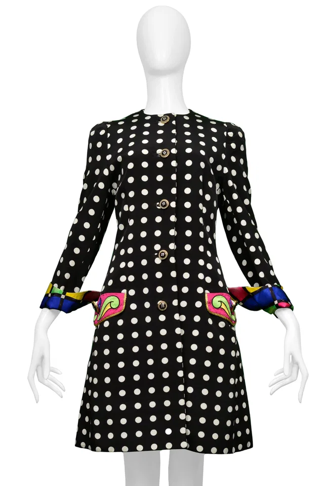Versace Black & White Dot Coat With Fancy Cuffs 1991 in Black Woven leather from Resurrection Vintage