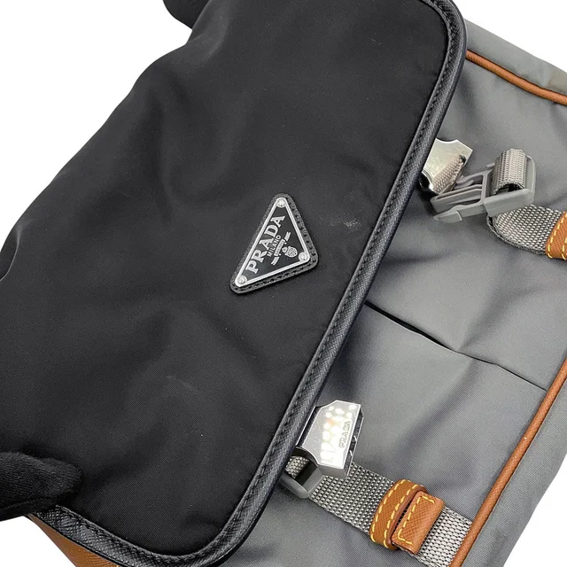 Prada Triangle Logo Shoulder Bag Black/Gray/Brown2VD769 Nylon Saffiano LeatherLeather in Black Saffiano leather from GALLERY RARE, photo 10 of 18