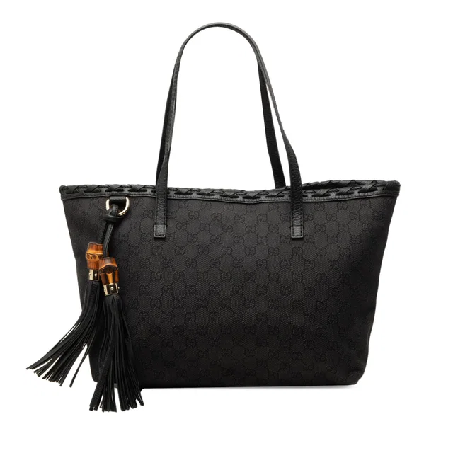 Black Gucci GG Denim Bamboo Tassel Tote in Black Denim from Designer Revival