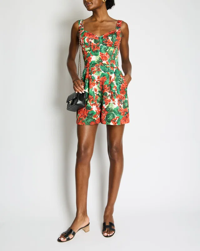 Dolce & Gabbana Green, White Red Geranium Floral Print Playsuit Size IT 40 (UK 8) in White Silk from Sellier