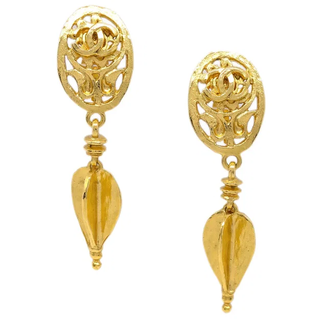 Chanel Gold Dangle Earrings Clip-On 95A in Gold from AMORE Vintage Tokyo