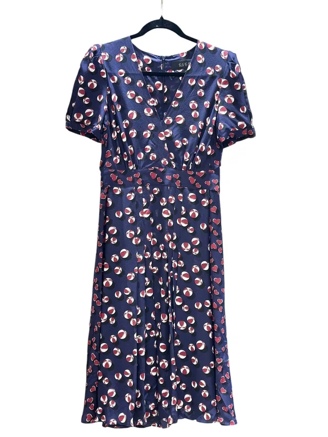 Gucci Short-Sleeved Midi Dress Navy Blue With Overall Beach Ball Prints Silk - Size 40 in Navy Silk from Luxury Promise