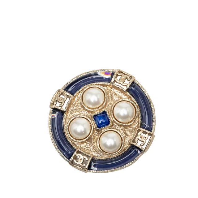 Gold Chanel CC Gold Plated Resin and Faux Pearl Round Brooch in Gold Resin from Designer Revival