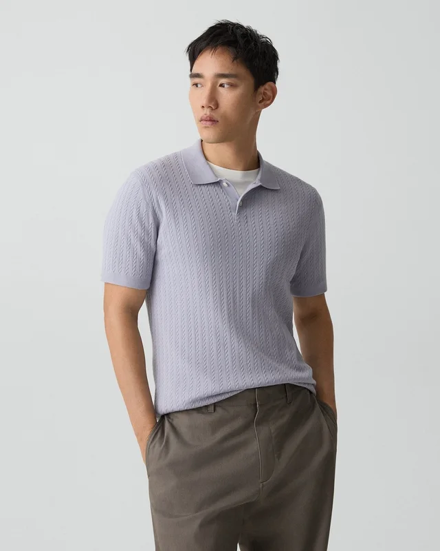 Theory Soris Cable-Knit Polo Shirt in Light Bilen in GRAY LILAC 62% Viscose, 38% Polyester; Exclusive Of Elastic, photo 9 of 12 from Theory