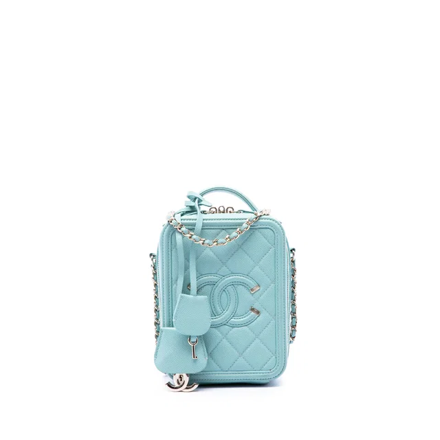 Blue Chanel Caviar CC Filigree Vertical Vanity Case Satchel in Blue Caviar leather from Designer Revival