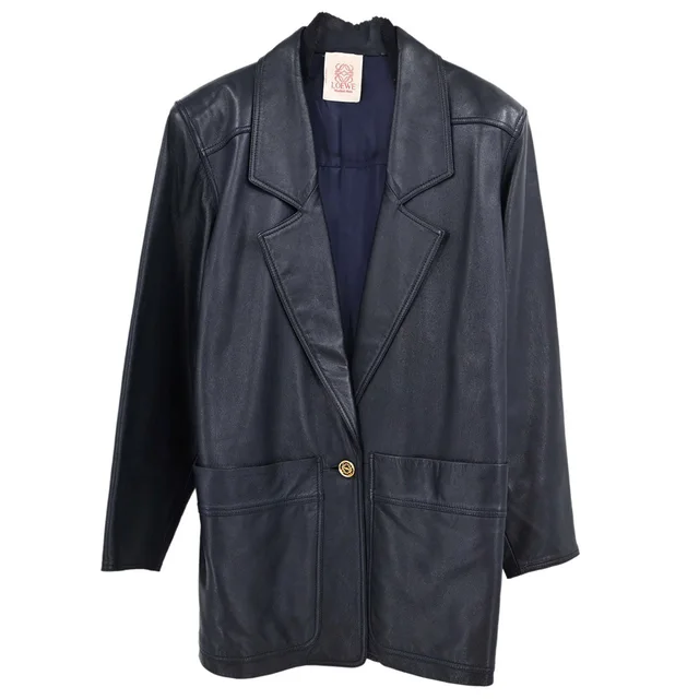 Loewe Leather Jacket Navy #36 in Navy Leather from AMORE Vintage Tokyo