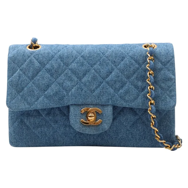 Chanel Circa 1990 Denim Matelassé Stitch CC Turn-Lock Chain Shoulder Bag Indigo in Denim from VINTAGE QOO TOKYO