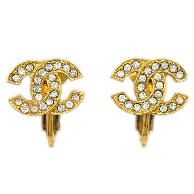 Chanel Gold CC Earrings Rhinestone Clip-On 2092 in Gold from AMORE Vintage Tokyo