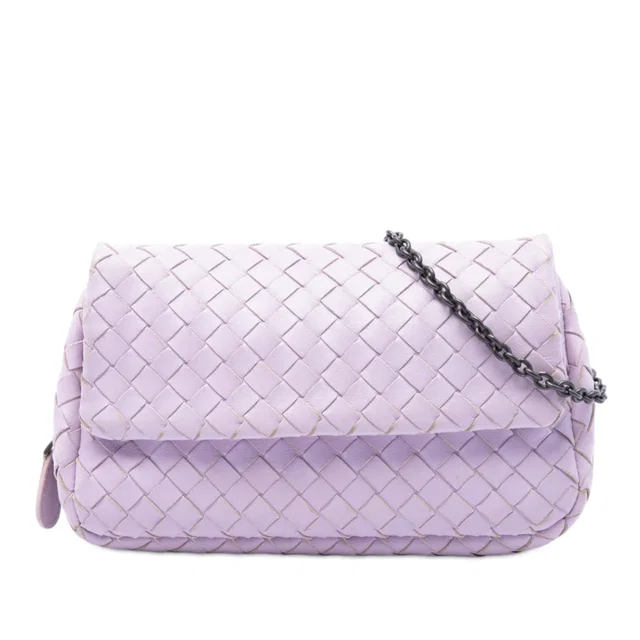Purple Bottega Veneta Mini Nappa Intrecciato Expandable Chain Flap Crossbody in Purple Nappa leather from Designer Revival