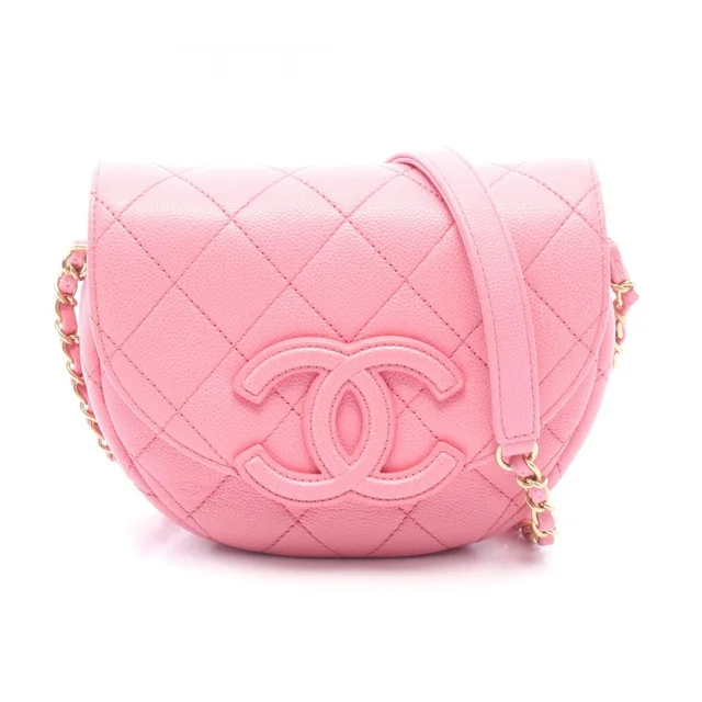 Chanel Shoulder Bag Quilted Mini Messenger Pink Caviar Leather Round Flap Chain in Pink Caviar leather from The Reluxe