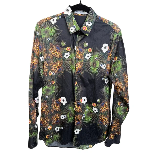 Etro Milano Women Black Tropical Floral Palm Print Cotton Button Down Shirt 42 in black|green from Poshmark