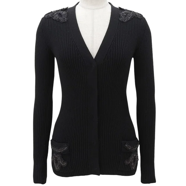 Prada Wool sequin design ribbed cardigan #38 Black in Black Wool from VINTAGE QOO TOKYO