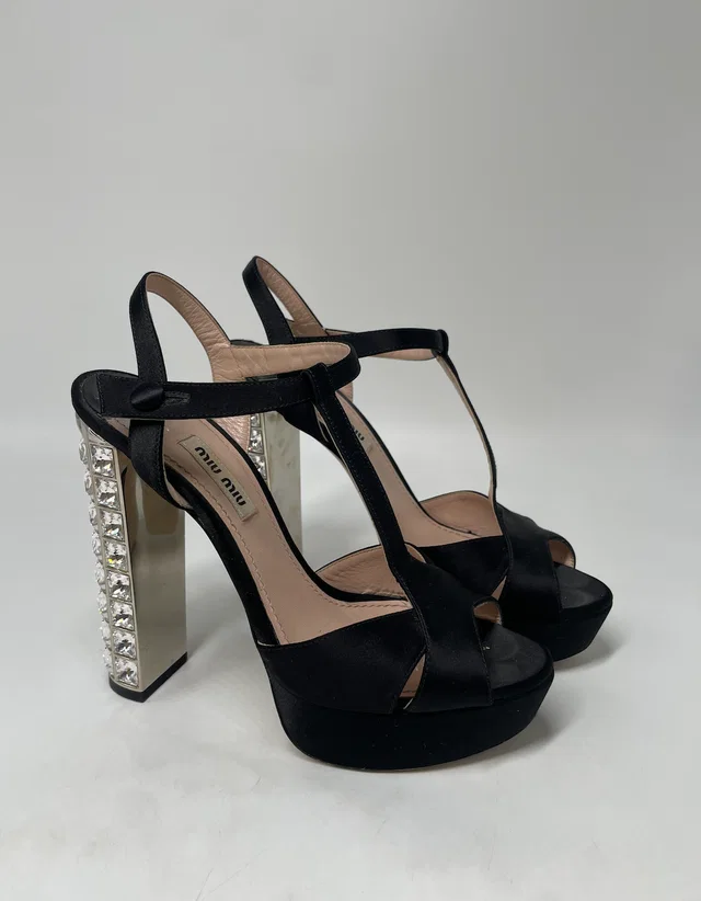 Miu Miu Crystal Embellished Heeled Satin Sandals in Satin from HEWI