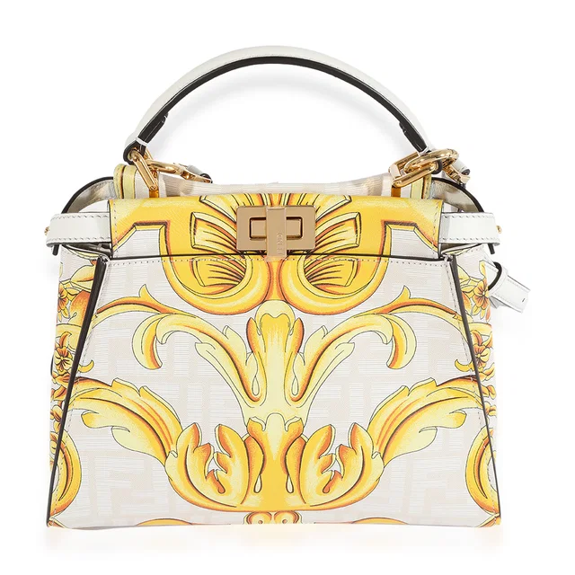 Fendi X Versace Fendace Gold Baroque & White Ff Motif Mini Peekaboo Gold in White Leather from HEWI