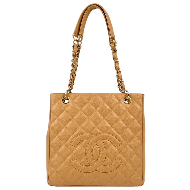 Chanel 2003-2004 Beige Caviar Petite Shopping Tote PST Chain Tote Handbag in Beige Caviar leather from AMORE Vintage Tokyo