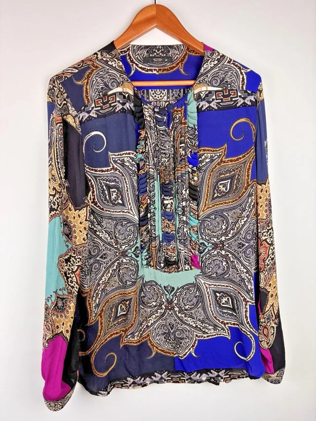 Etro Milano Italy 100% Silk Paisley Tunic Blouse Top Women's Sz 48 Boho Luxury D in black Silk from Poshmark