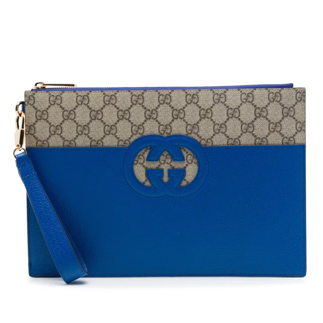 Beige Gucci GG Supreme and Calfskin Cut Out Interlocking G Clutch in Beige Calfskin from Designer Revival