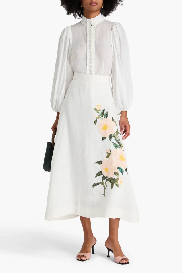 Zimmermann Sequin-Embellished Floral Linen Midi Skirt, photo 2 of 4 from THE OUTNET
