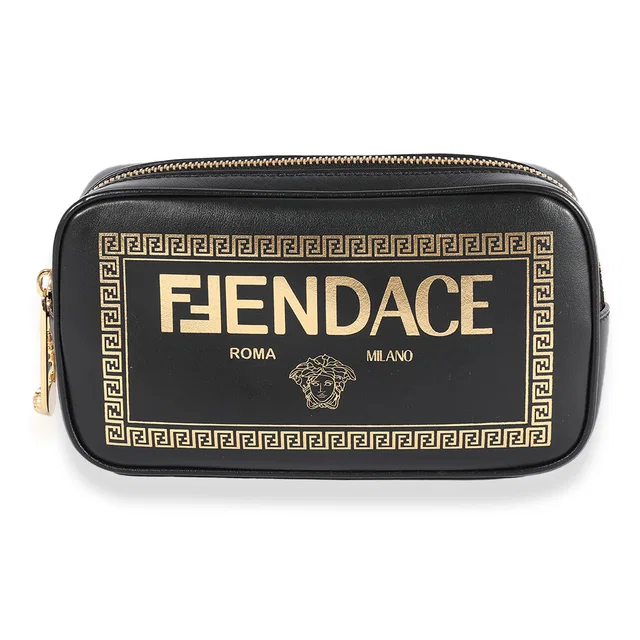 Fendi X Versace Fendace Black Logo Print Camera Case Leather Handbag in Black Leather from HEWI