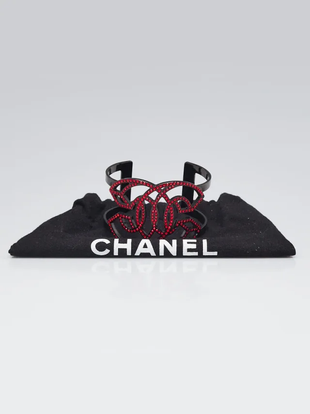 Chanel Red Crystal Black Metal CC Cuff Bracelet in Black from Yoogis, photo 2 of 8