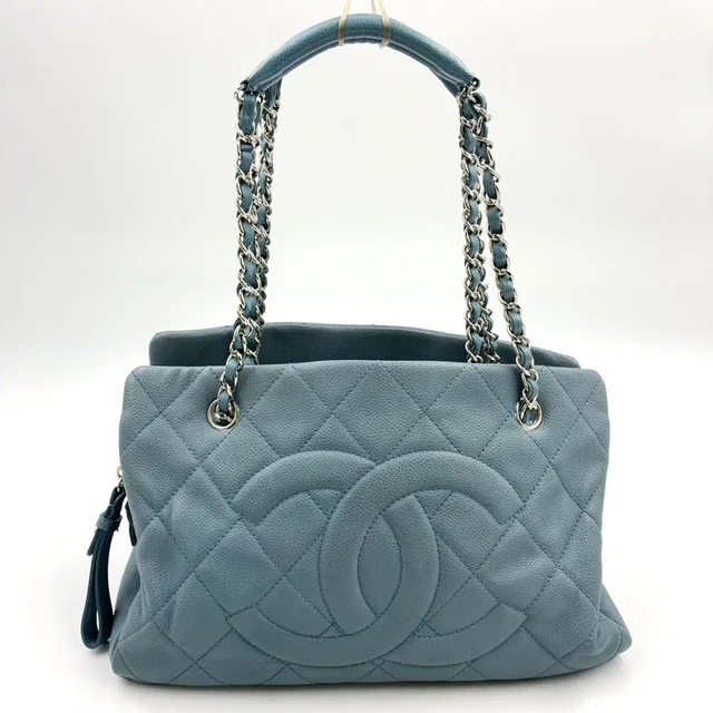 Chanel CC Logo Quilted Caviar Leather Blue Chain Shoulder Bag Silver in Blue Caviar leather from The Reluxe