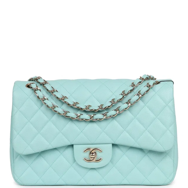Chanel Jumbo Classic Double Flap Light Blue Caviar Light Gold Hardware in Blue Caviar leather from Madison Avenue Couture