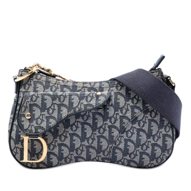 Blue Dior Diorissimo Trotter Canvas Double Saddle Crossbody in Blue Canvas from Designer Revival