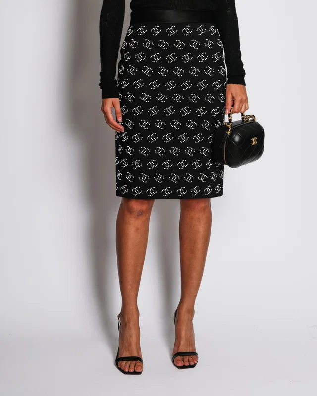 Chanel 23/C Black CC Beaded Midi Skirt with Satin Band Detail Size FR 38 (UK 10) in Black Satin from Sellier