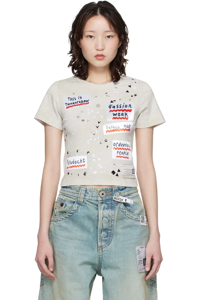 Maison MIHARA YASUHIRO Taupe Embellished Sticker Mini T-shirt, image 1 of 1 from SSENSE