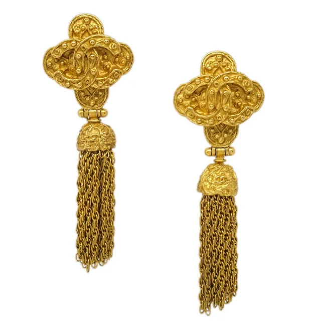 Chanel Fringe Dangle Earrings Clip-On Gold 94A in Gold from AMORE Vintage Tokyo