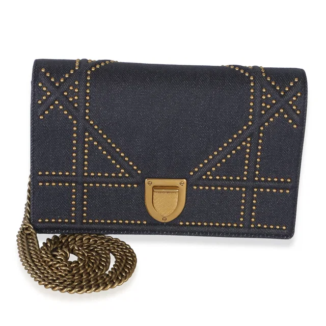 Dior Blue Denim Studded Diorama Wallet On Chain in Blue Denim from Luxury Promise