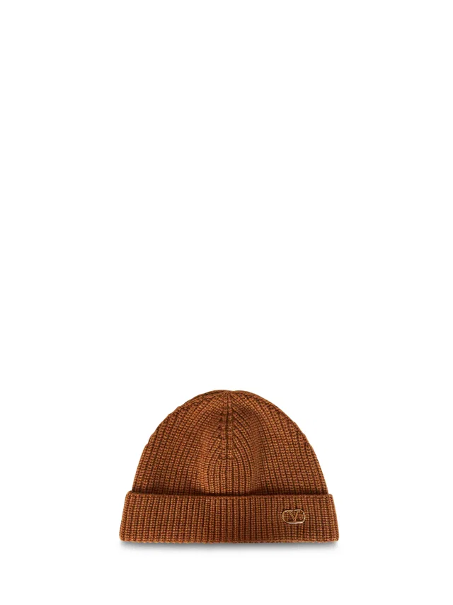 Valentino Garavani 9y2hb02gatz-954 Cashmere Ribbed Beanie — Brown Beanies in Brown Cashmere from HEWI