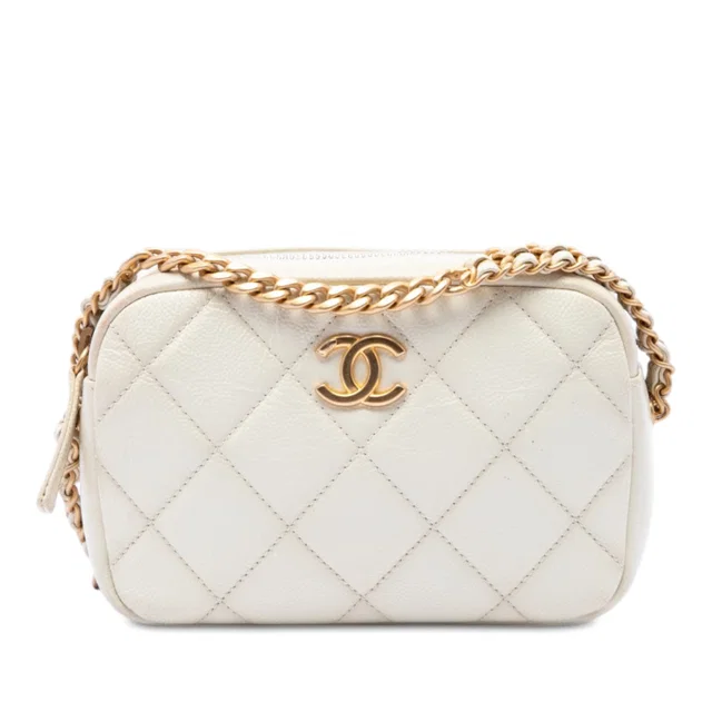 White Chanel CC Quilted Caviar Melody Chain Camera Bag in White Caviar leather from Designer Revival