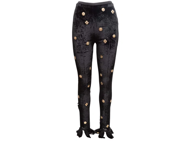 Black Chanel Button-Embellished Velour Leggings Size FR 38 in Black from Designer Revival