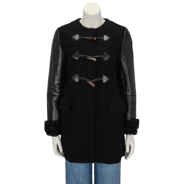 Miu Miu Melton Leather Trim Duffle Coat in Black Wool from Blue Spinach