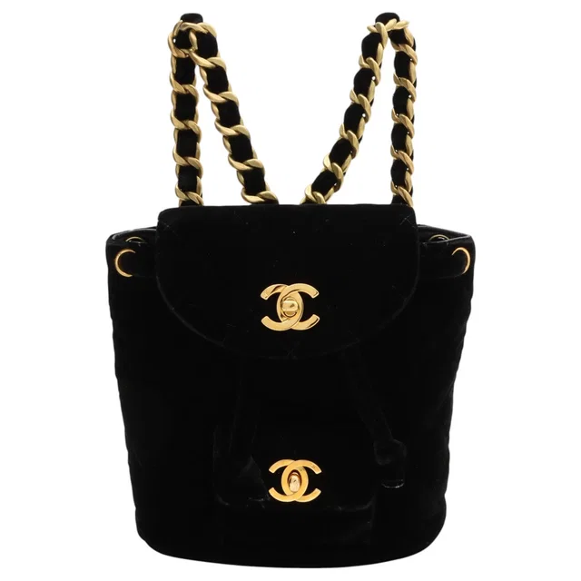 Chanel Velvet Double CC Turnlock Backpack, Black, manufactured circa 1995 in Black Velvet from VINTAGE QOO TOKYO