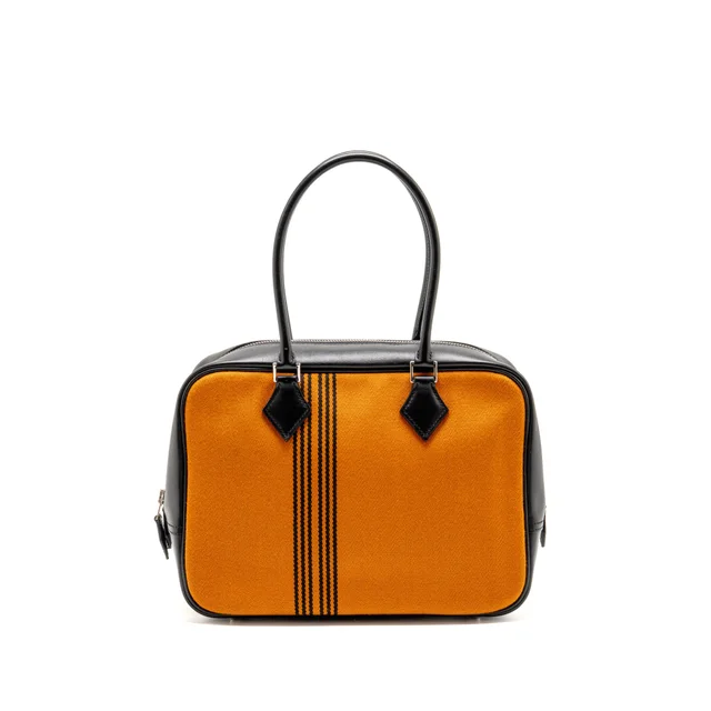 Hermès plume 28 fabric / leather orange / black SHW stamp square J in Black Leather from EMIER