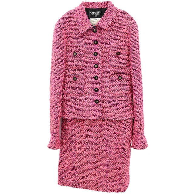 Chanel 1994 Setup Suit Jacket Skirt Tweed Pink #36 in Pink Tweed from AMORE Vintage Tokyo
