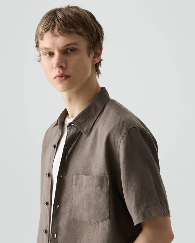 Theory Irving Short-Sleeve Shirt in Relaxed Linen in MOREL 100% Linen, photo 11 of 12 from Theory