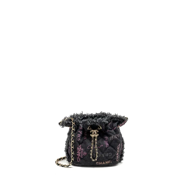 Chanel Small Bucket Bag Denim Black LGHW (Microchip) in Black Denim from EMIER
